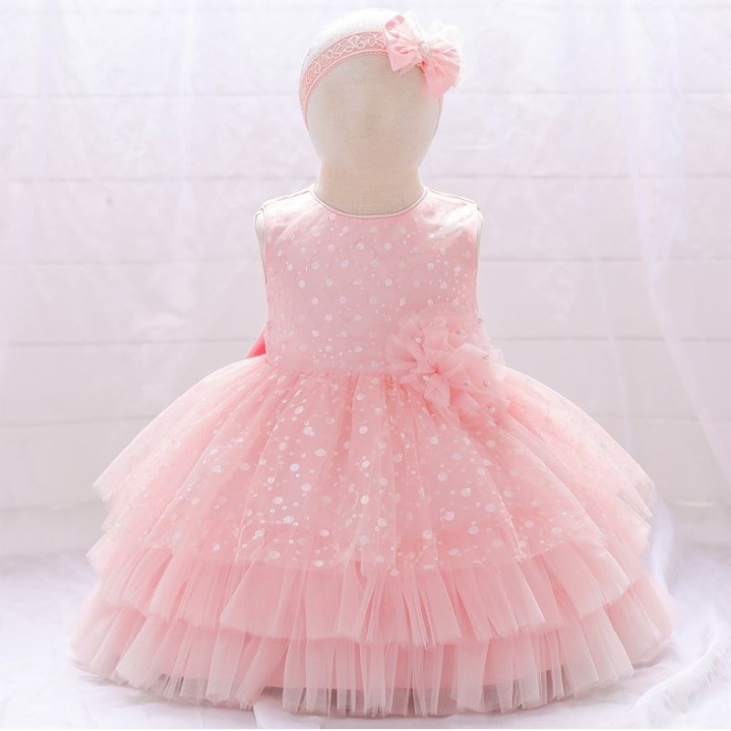 Baige Amazon Hot Sale Flower Girl Party Dress Spädbarn Kids Birthday Helmånad Fairy Dress med pannband