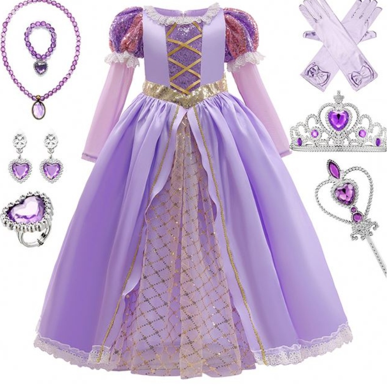 Baige Girls Princess Sofia Dress Cosplay Costume Kids paljetter Sophia skiktade långa ärmar barn karneval halloween festklänning