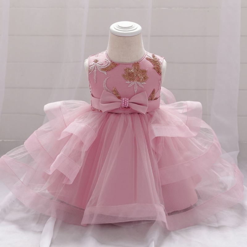 Baige Wholesale Brodery Pearl Bow Design Party Baby Girls Dress Birthday Party Kids Frock L1929XZ