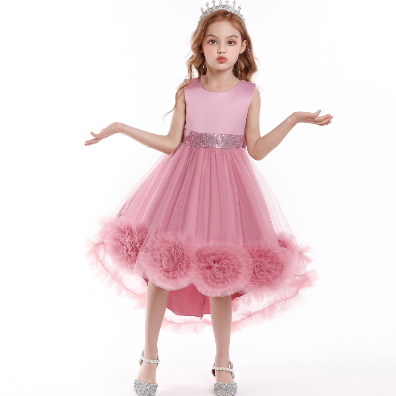 Flickor Princess Dress Catwalk Dress Mesh Flower Tutu Dress Tail Piano Performance Costume