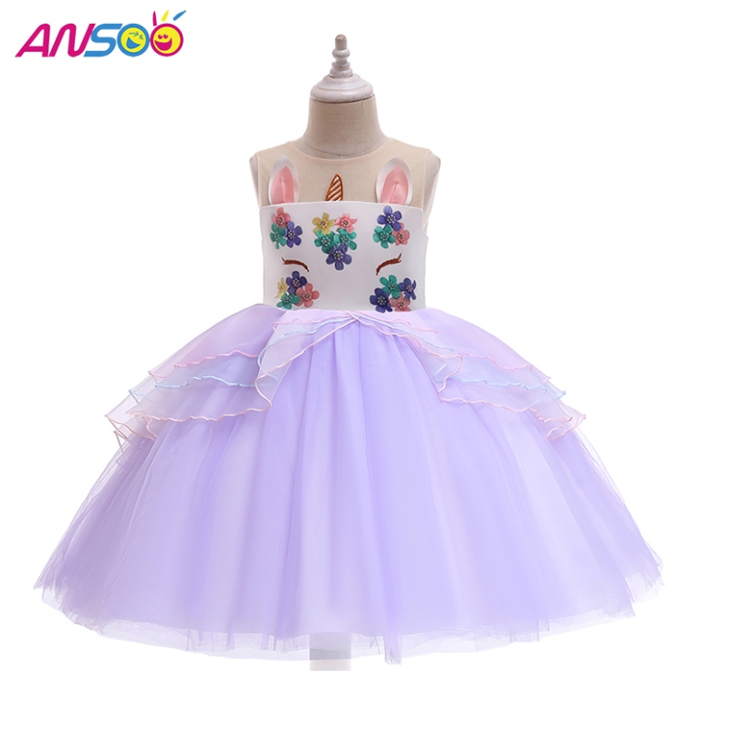 ANSOO Unicorn Princess Flower Girl Dress Wholesale Kids Wedding Dress Kne Length Girls Party Dresses