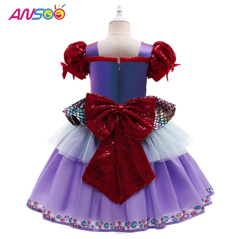 Ansoo populäranya Halloween Children's Costume Mermaid Bubble Sleeve Purple Princess Dress for Girls