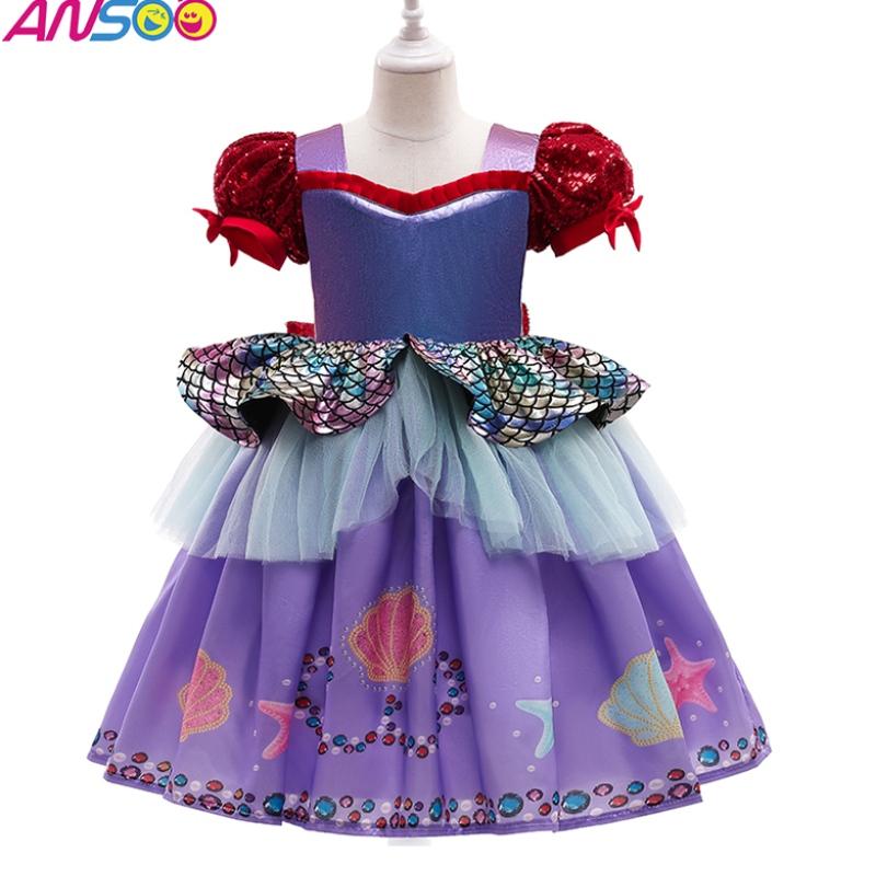 Ansoo populäranya Halloween Children's Costume Mermaid Bubble Sleeve Purple Princess Dress for Girls