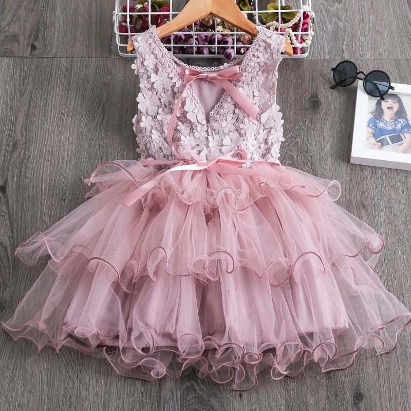 3-8 år Lace Summer Dress for Girls Flower Elegant Wedding Party Princess Klänning ärmlös rygglös tutu klänningar