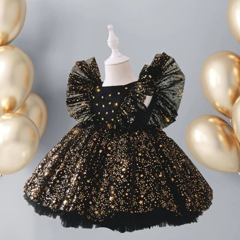 Baby 1st Birthday Dress for Girls Paljetter Fluffy Kids Princess Party Gown Bow Elegant Wedding Clothes