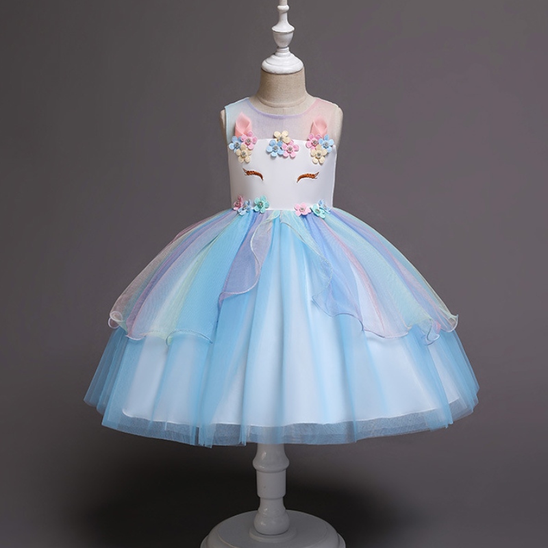 Unicorn Princess Costume Girls Pageant Evening Long Gowns Kids Sleeveless Brodery Flower Birthday Party Tutu Dresses