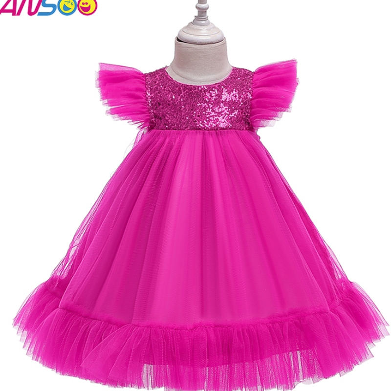 ANSOO European och American Pink Dress Girls \\ Nytt år GASE PRINCESS Dresses för 2-4 år barn