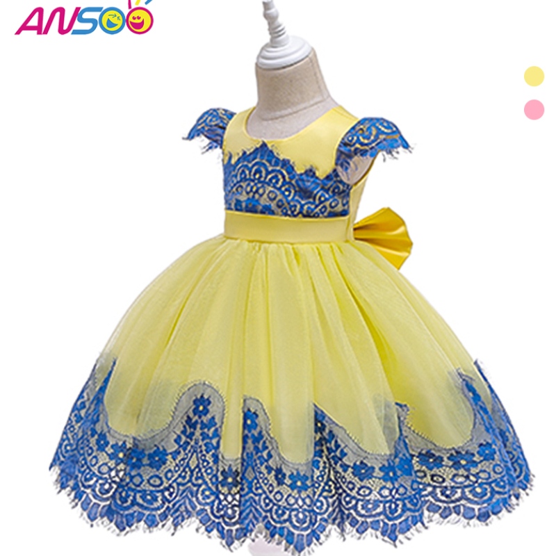 ANSOO Baby Girls Puff Sleeve Retro Party Yellow Dress Barn Princess Bow Summer Tutu Pink Dresses For Girls Kids