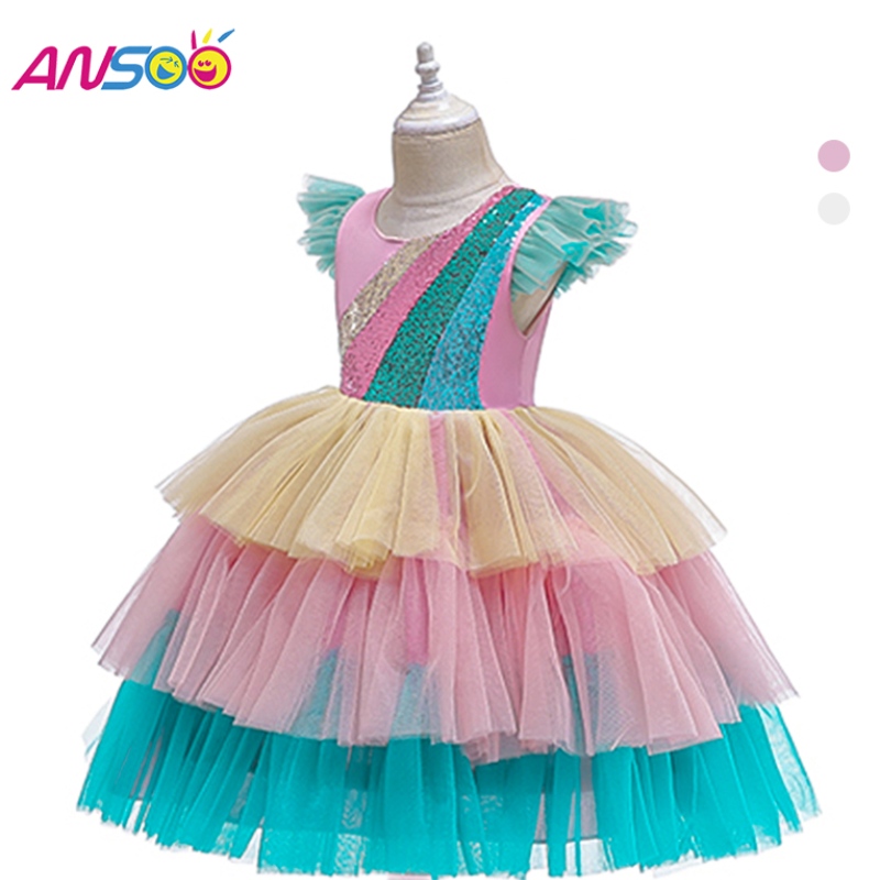 ANSOO Luxury Mermaid Scales Ballet Tutu Kids Girls paljett Princess Halloween Cosplay Costumes Dress for Girl