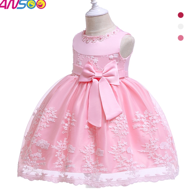 ANSOO Summer Flower Kids Fluffy Pink Dress for Girls 4Colors Baby Girl Party Tutu Red Dress Wedding Princess For Kids