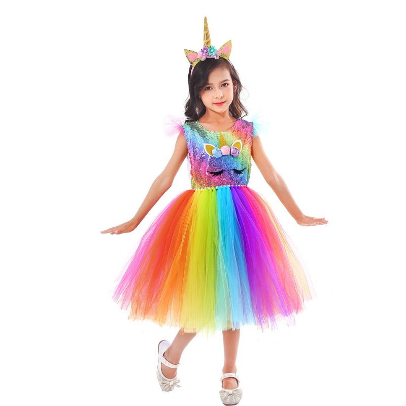 Princess Dress Colorful Rainbow Mesh Tutu kjol med pannband för flickor