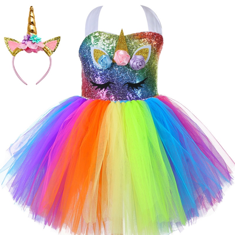 Barnens Unicorn Party Dress Rainbow Princess Dress paljett Tutu kjol