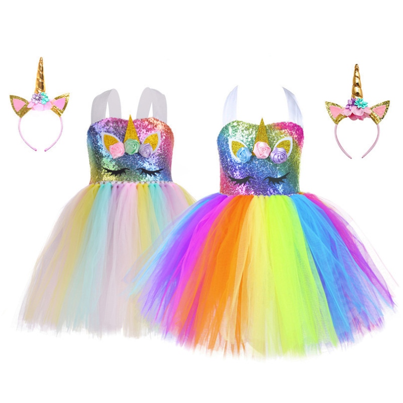 Barnens Unicorn Party Dress Rainbow Princess Dress paljett Tutu kjol