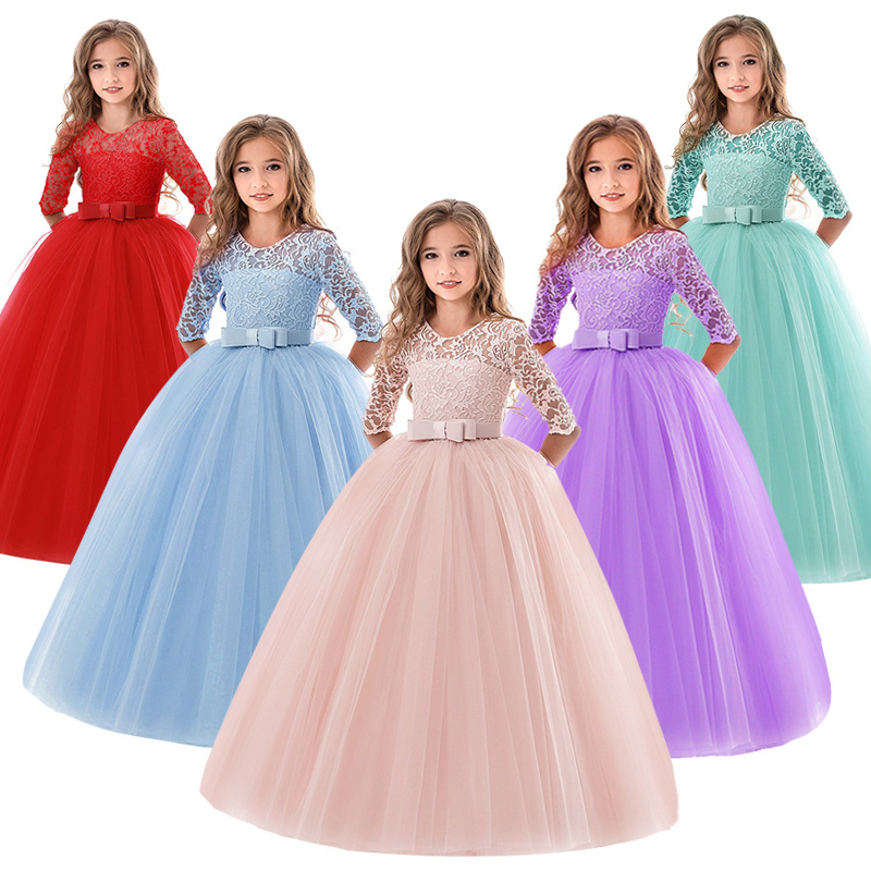 2022 6-14 år Flower Lace Dress Girls Clothes Princess Party Pageant Long Gown Kids Dresses For Girls Wedding Evening Clothing 4 - 199 Pieces