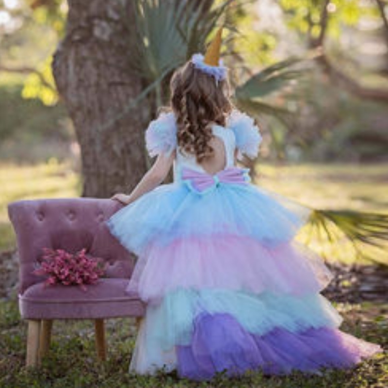 Unicorn Party Dress for Girls Costume Baby Summer Dress Children Elegant Girl Wear Princess Dress with Long Train