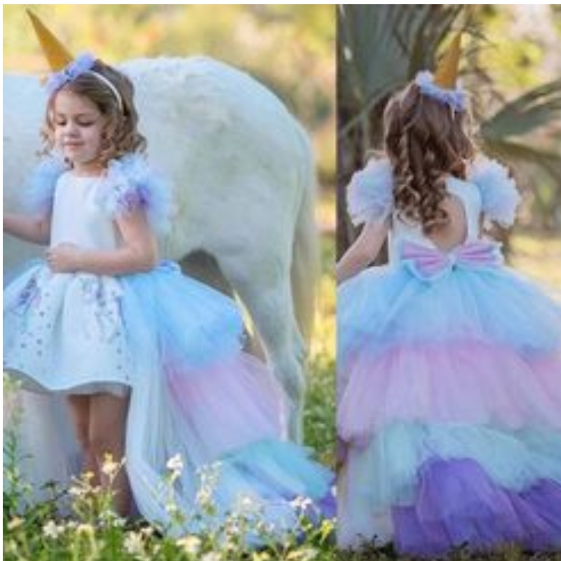 Unicorn Party Dress for Girls Costume Baby Summer Dress Children Elegant Girl Wear Princess Dress with Long Train