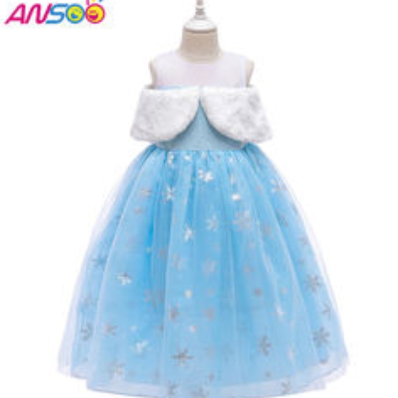 ANSOO2021 Barnens prestanda Elsa Fashion Girl Wool Collar Princess Dress Lovely Girls Costume