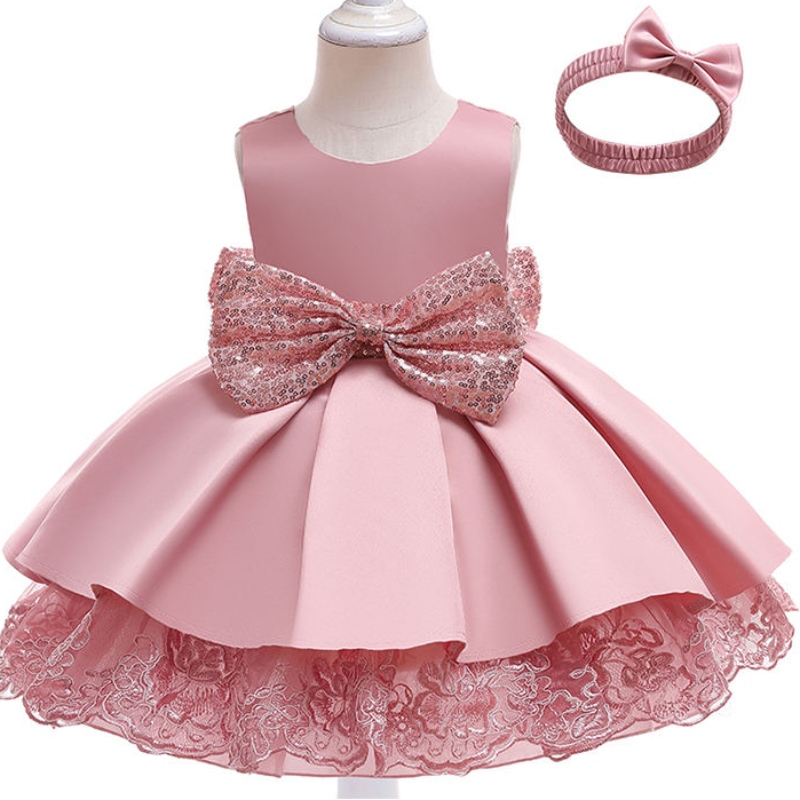 In-Stock 5 färger tillgängliga babyflickor födelsedagsfest v back paljetter båge barn kläder småbarn dop prinsessan klänning klänning