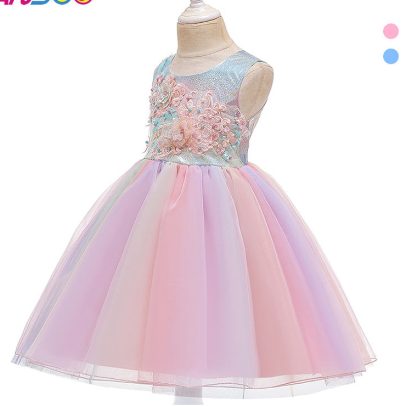 ANSOO Summer Flower Kids Fluffy Dress for Girls 2 Colors Baby Girl Party Tutu Pink Dress Wedding Princess