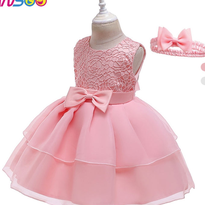 Ansoonya barns klänning Bow Lace Dress Runway Princess Dress med hårband för 3-24 månaders flickor