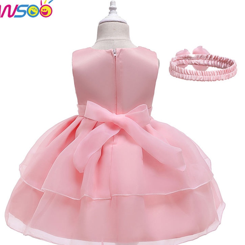 Ansoonya barns klänning Bow Lace Dress Runway Princess Dress med hårband för 3-24 månaders flickor