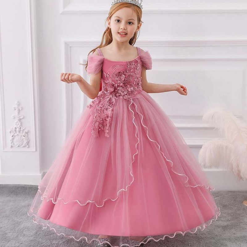 Baige eleganta barn långa klädflickor barn prom long frock baby flicka bröllop prinsessan boll klänning