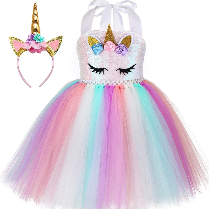 Kid Toddler Girl Birthday Ball Party Cosplay Costume Led Light Up Rainbow Unicorn Fluffy Layed Tulle Tutu Dress With Pannband