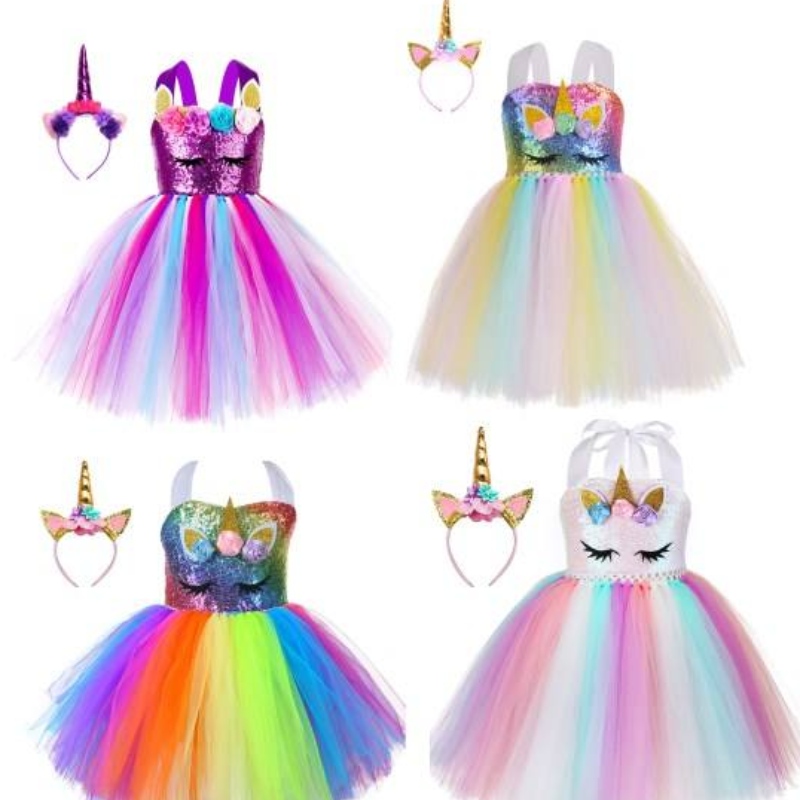 Kid Toddler Girl Birthday Ball Party Cosplay Costume Led Light Up Rainbow Unicorn Fluffy Layed Tulle Tutu Dress With Pannband