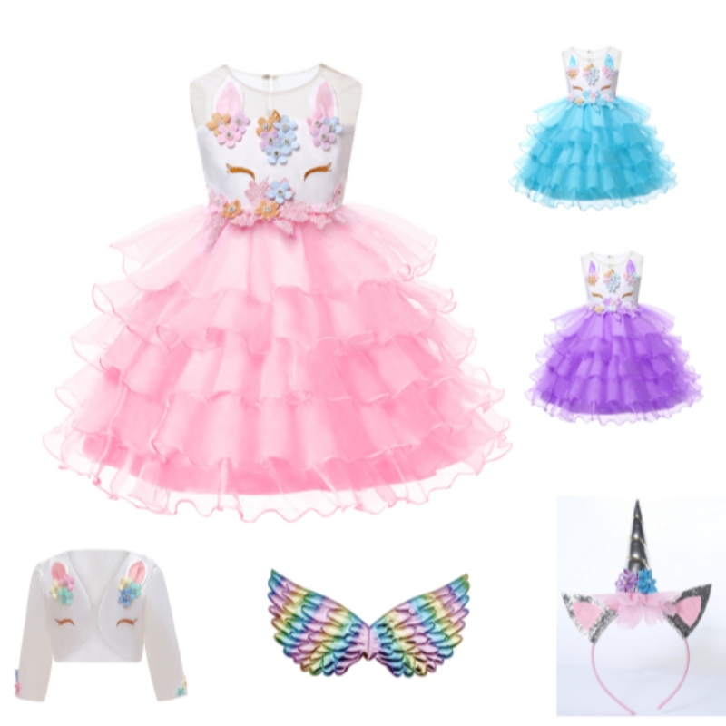 Partihandel 2-12 år barn småbarn blomma flickor tutu klänning regnbåge prinsessa födelsedag baby flickor party enhörning dres