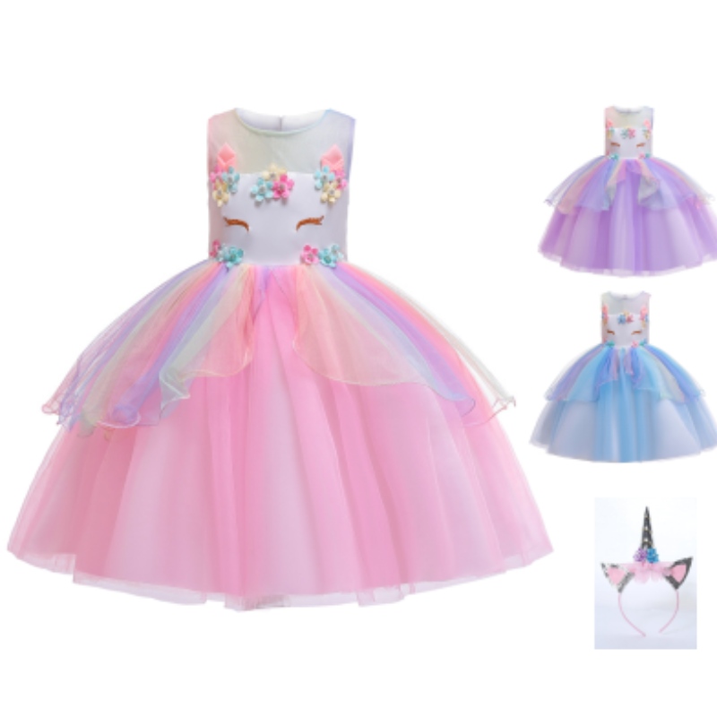 Performance Wear Unicorn Dress Up Clothes For Little Girls Rainbow Unicorn Tutu Dress Costume With Headband Födelsedagspresent