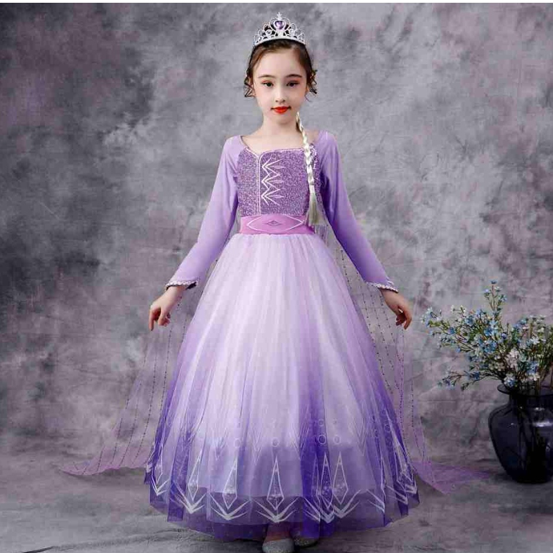 Baige Snow Queen Purple Elsa Dress Christmas Halloween Anna Costume Girls Långärmad broderade paljettklänningar