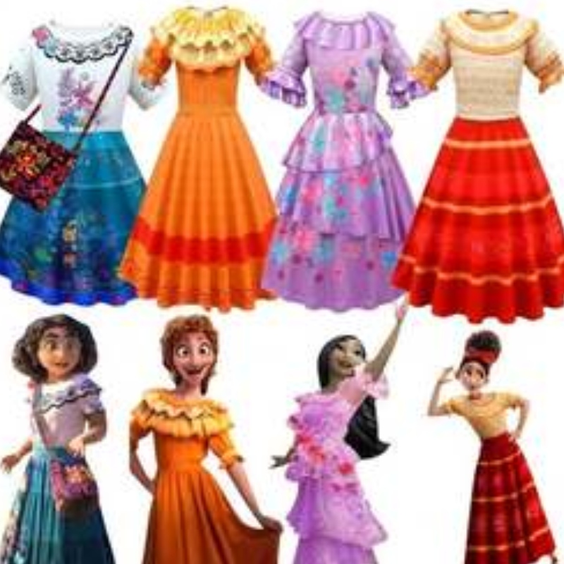 Baige Kids Girls Encanto Mirabel cosplayklänning med väskan Halloween Carnival Suit Costume