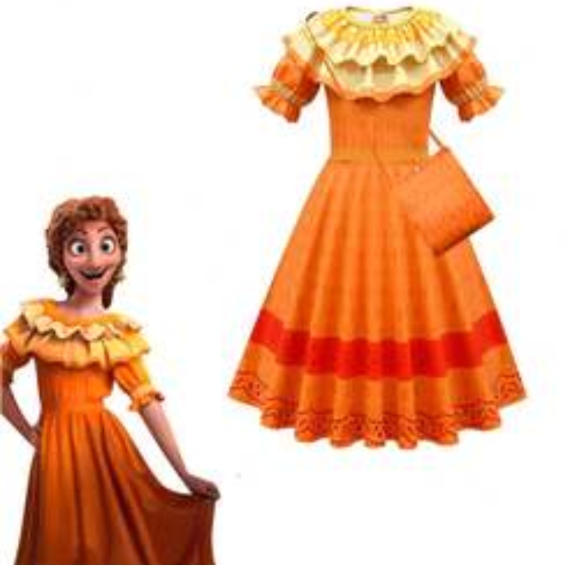 Baige Kids Girls Encanto Mirabel cosplayklänning med väskan Halloween Carnival Suit Costume