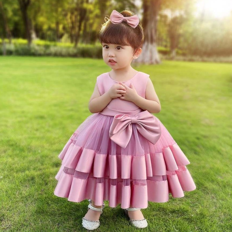 Baigenya barns bowknotklänningar Baby Stretch Net Princess Lovely Girl Birthday Party Dress