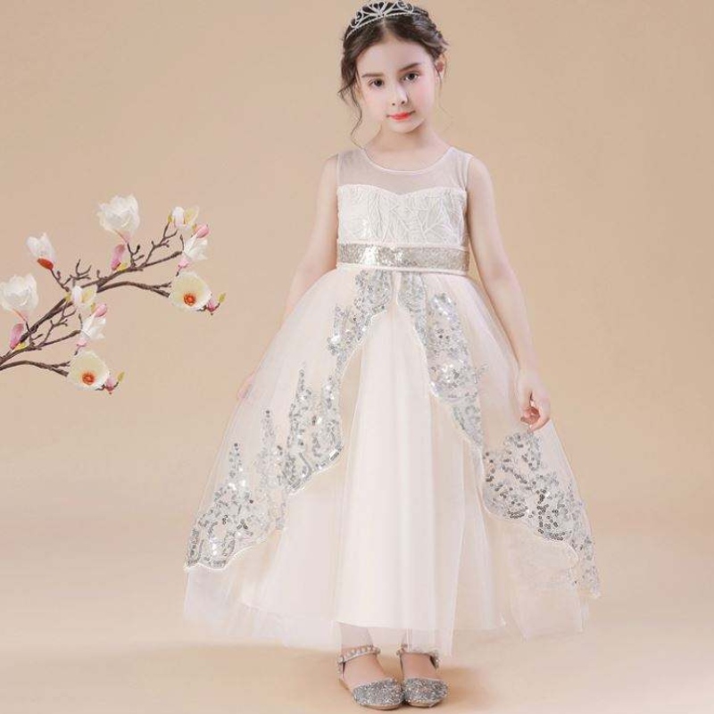 Baige Flower Girl Dress White Kids Baby Girls paljett klänning bröllopsfest prinsessan bollklänning