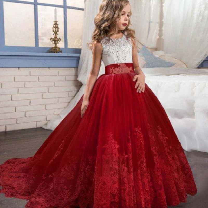 Baige Wholesale Kids Evening Ball Gown Luxury Princess ärmlös festklänning Fancy Birthday Party Prom Costume