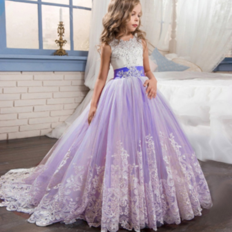 Baige Wholesale Kids Evening Ball Gown Luxury Princess ärmlös festklänning Fancy Birthday Party Prom Costume