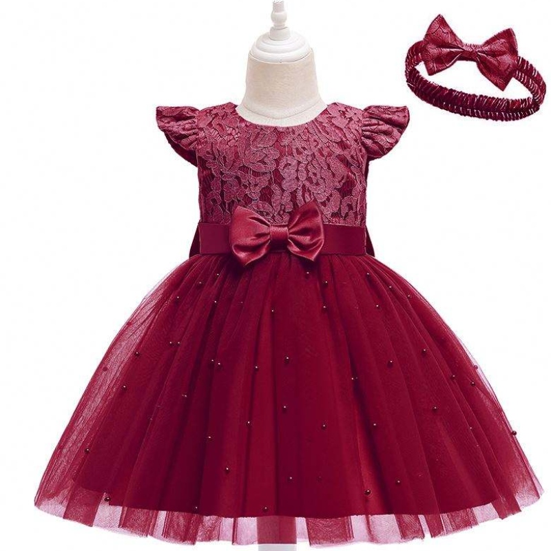 Baige heta försäljning röda barn kläder flickor klänningar fest födelsedagsfest klänning med pannband D0761