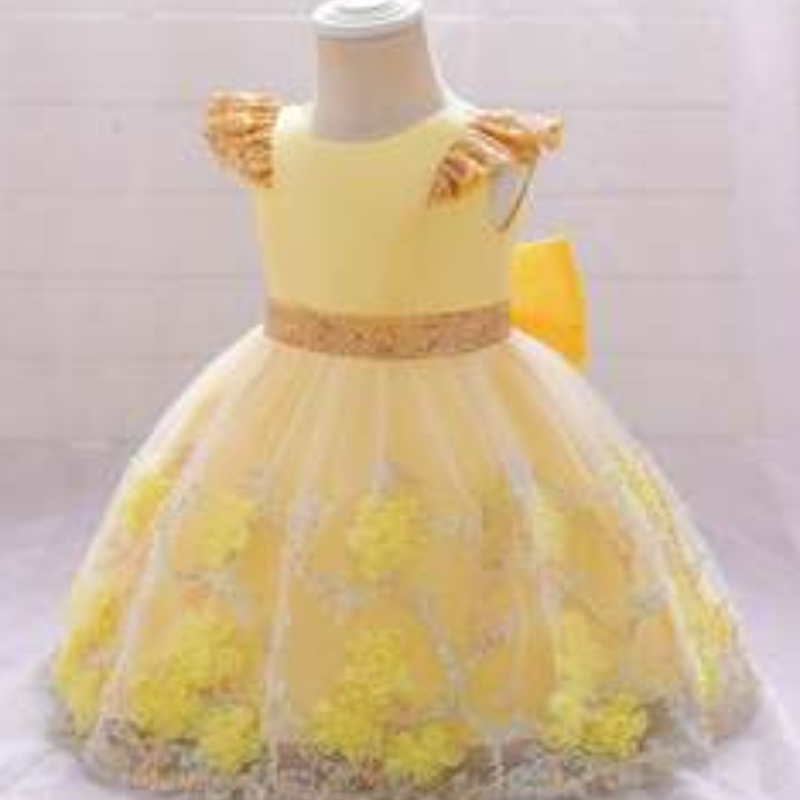 Baige Yellow Flower Girl Dress Kids Party frockny India Collection Fancy Girl Party Dress L2021xz