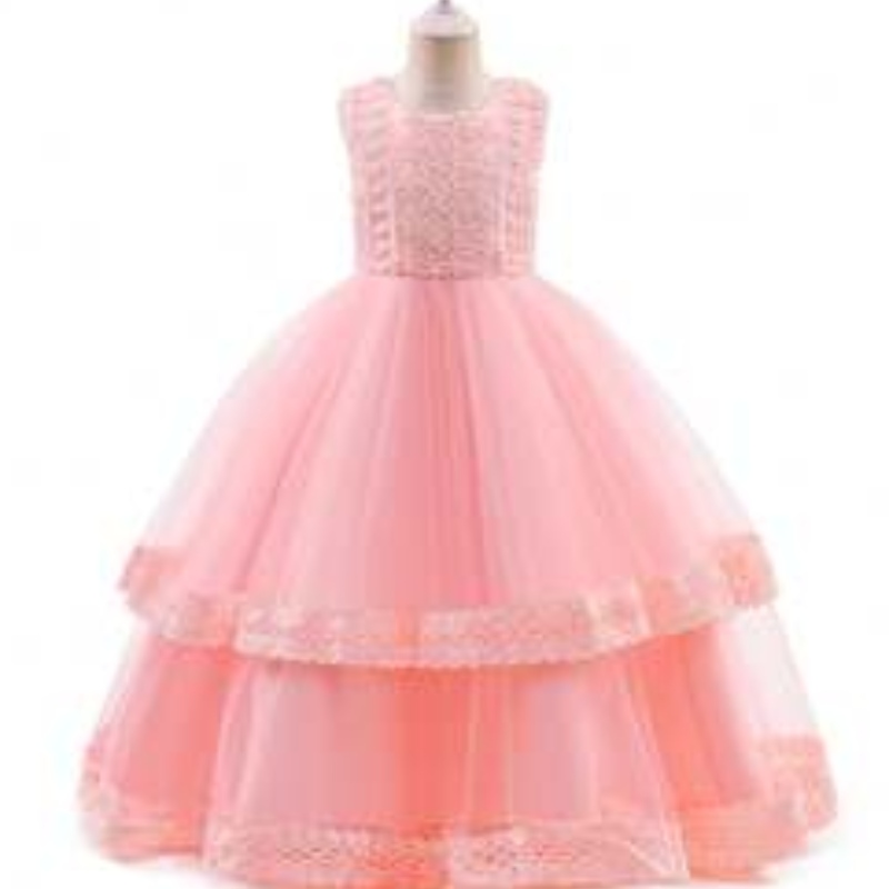 Baige Long Elegant Kids Teenage Wedding Dress Barn Kvällsklänningar Party Wear 3-15 år gammal