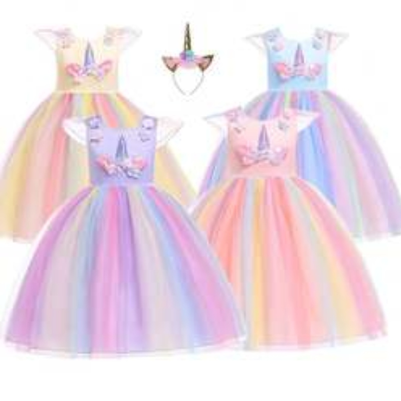 Baige Amazon Sellsbaby Girls Unicorn PrincessTutu Dress Flower Girls Rainbow Dress Födelsedagsfest Kostym Barn Summer Tulle