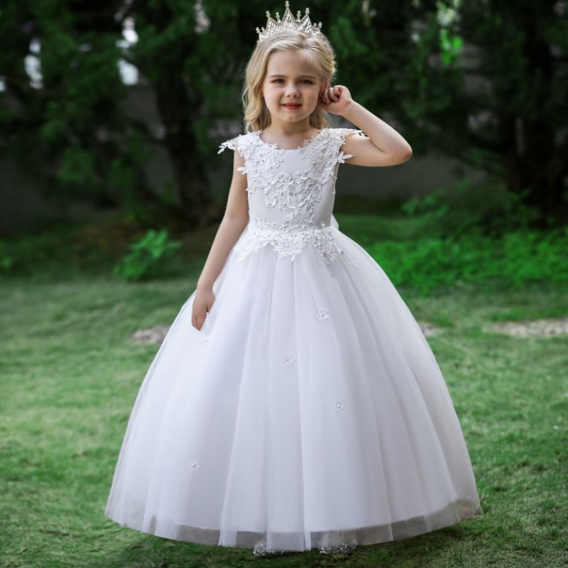 Baige 2022 Satin Cotton Wedding Dress Shiny Gown Flower Girl Dress Long Tail Spets Big Girl Dresses