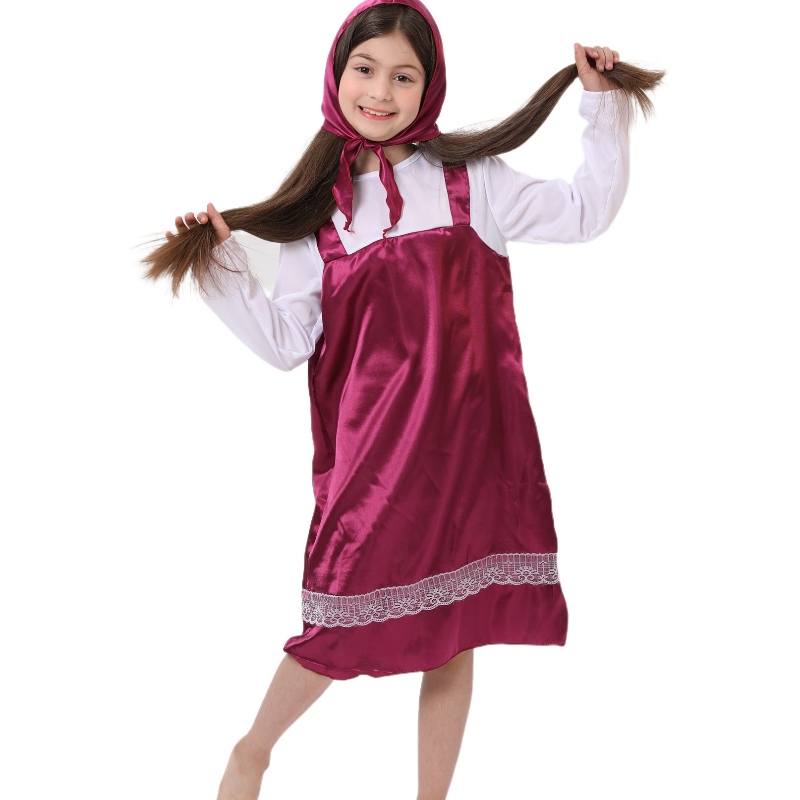 Masha och Bear Cosplay Party Stage Masquerade Children Costume Masha Silk Dress for Girl