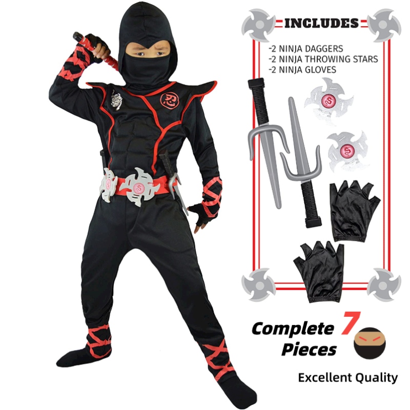 7 stycken unisex barnninja deluxe kostym för barn roll spela tema halloween fancy dress-up