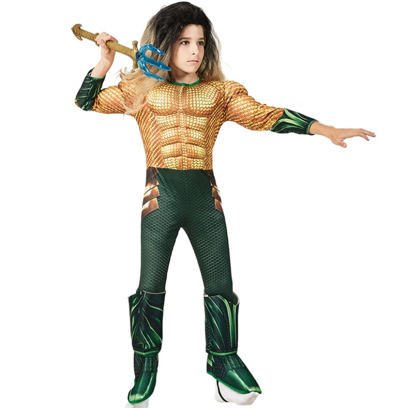 Barn Comic Superhero Aquaman Muscle Dress Up Halloween Fancy Dress Up Cosplay Costume for Child