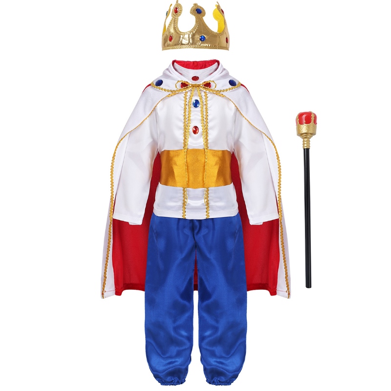 King Prince Costumes For Boys Kids Halloween Cosplay Dress Up Cloak Crown Scepter Set Carnival Rollplay Party Outfit