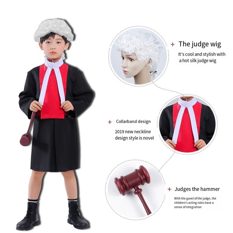 Barnens domare kostymer cosplay mantel med peruk gavel halloween karriär advokat barn kostym