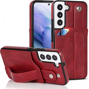 Designad för Samsung Galaxy S22 5G plånbokfodral med justerbar handledsband kickstand pu läder kreditkortshållare tungt stötbeständigt hybrid robust skydd för kvinnor män 6,1 tum rosa