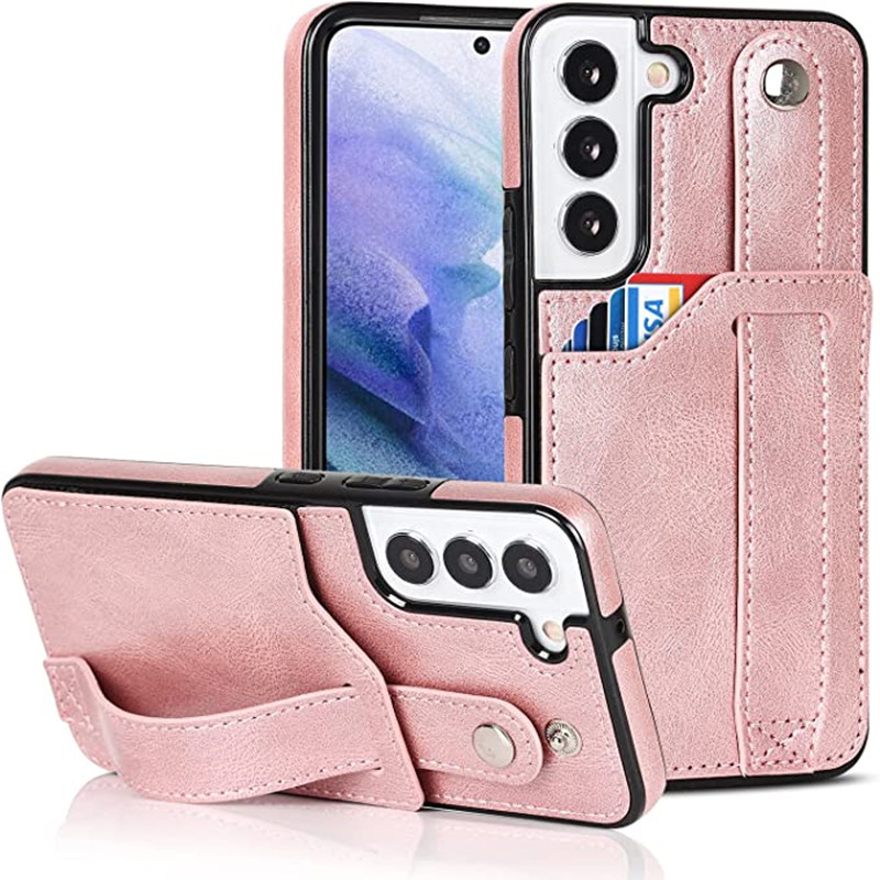 Designad för Samsung Galaxy S22 5G plånbokfodral med justerbar handledsband kickstand pu läder kreditkortshållare tungt stötbeständigt hybrid robust skydd för kvinnor män 6,1 tum rosa