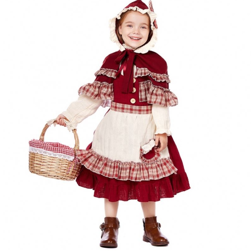 Heta barns scenutställning Lolita Soft Girl Style Lace Dress med kappa Little Red Riding Hood -kostymer